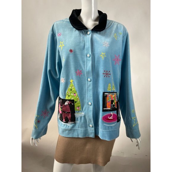 Onque Casuals Christmas Holiday Velour Jacket L Blue Velour Cotton Blend - Picture 13 of 16